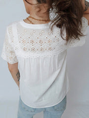 Flower Eyelet Embroidered Patchwork Sheer Short Sleeve Shirt 