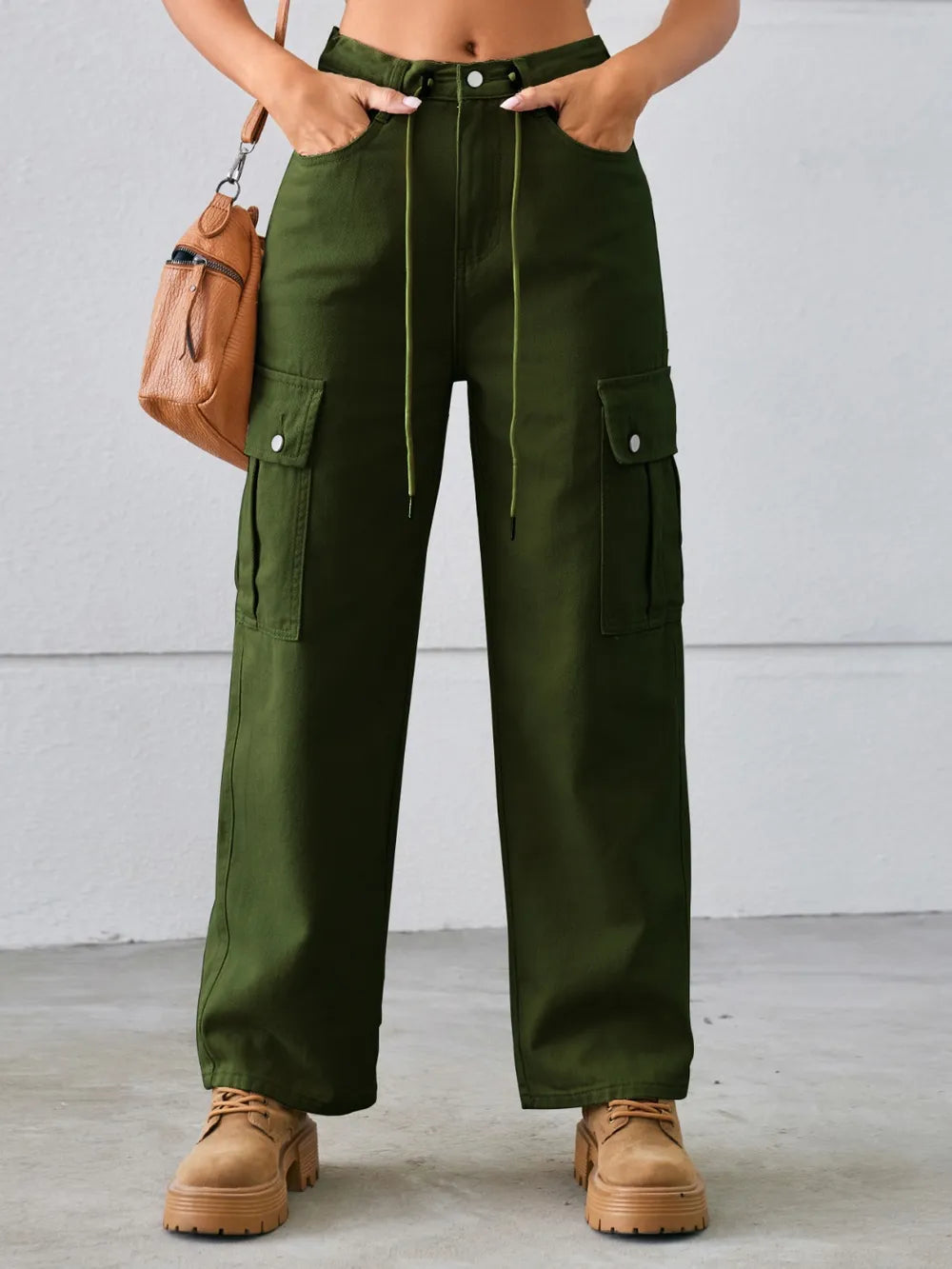 Drawstring Mid-Rise Waist Straight Cargo Jeans 