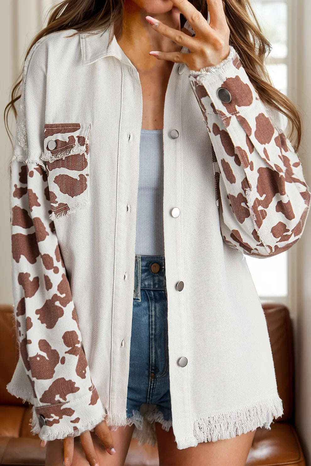 Raw Hem Animal Print Long Sleeve Denim Jacket 