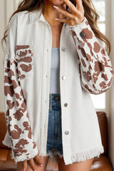 Raw Hem Animal Print Long Sleeve Denim Jacket 