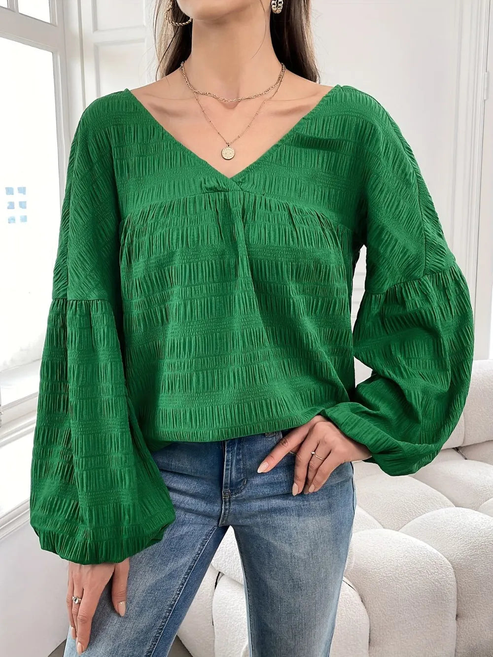 Plus Size Texture V-Neck Long Sleeve Top 