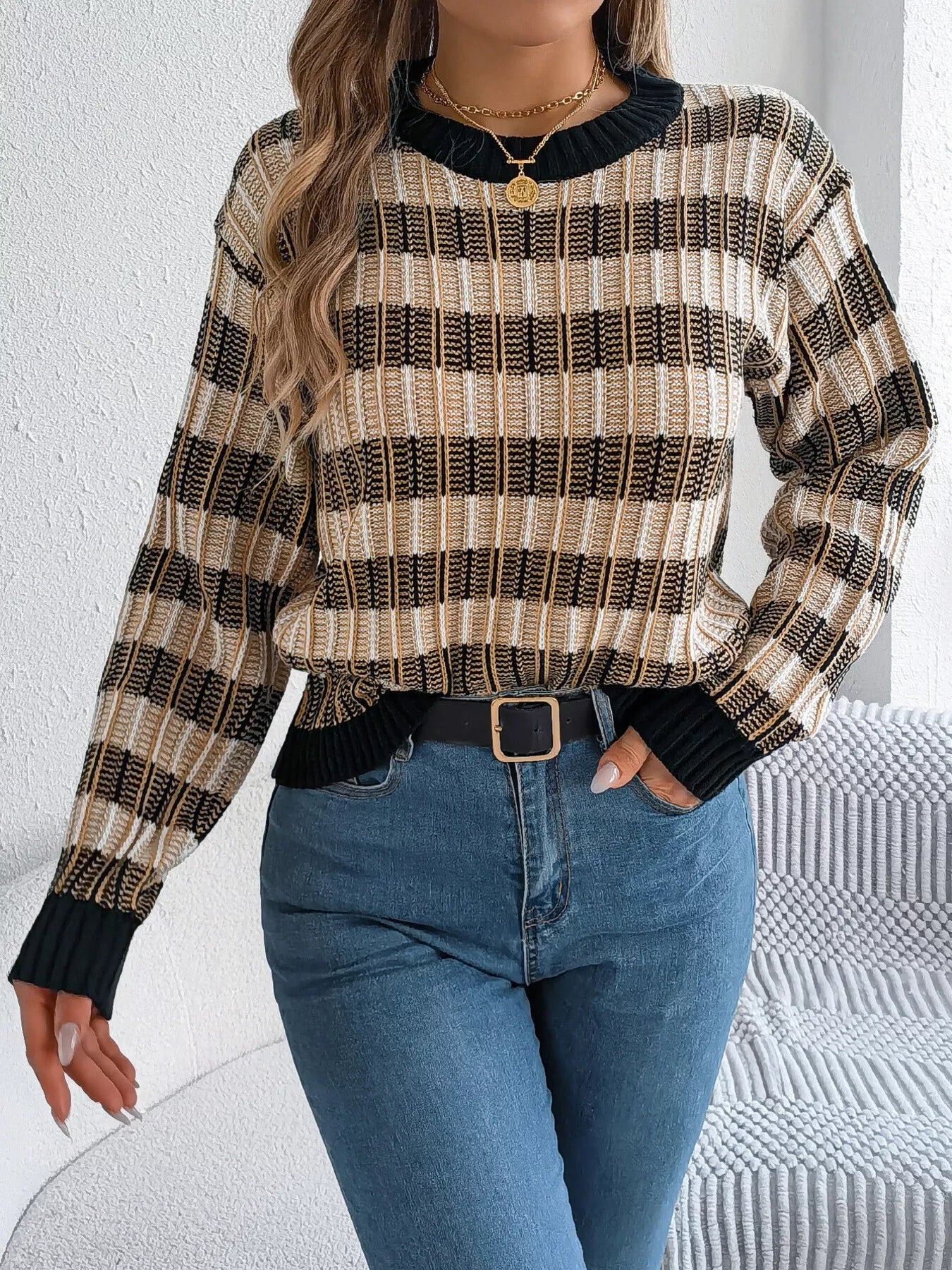 Striped Round Neck Long Sleeve Sweater 