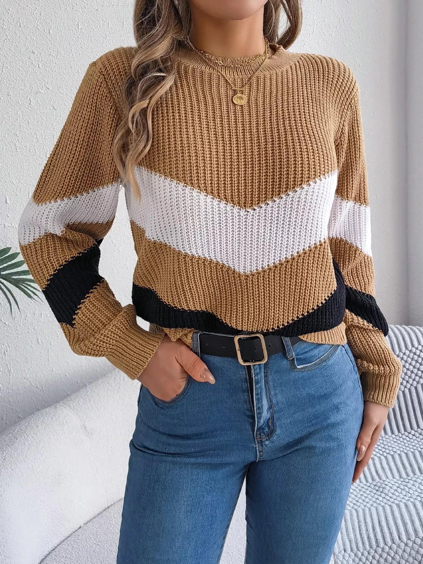 Chevron Stripe Color Block Round Neck Sweater 