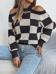 Cold Shoulder Checkered Long Sleeve Sweater 