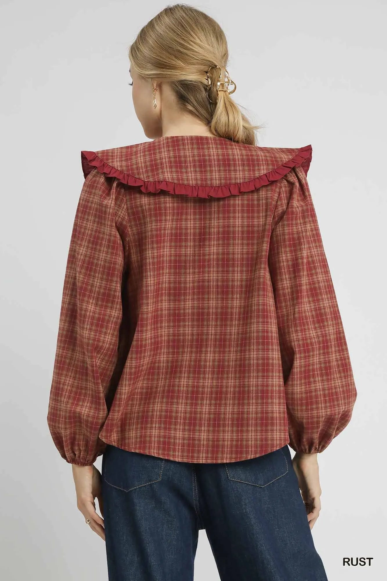 Umgee Full Size Plaid Ruffle Collar Blouse Plus Size 