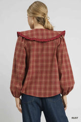 Umgee Full Size Plaid Ruffle Collar Blouse Plus Size 