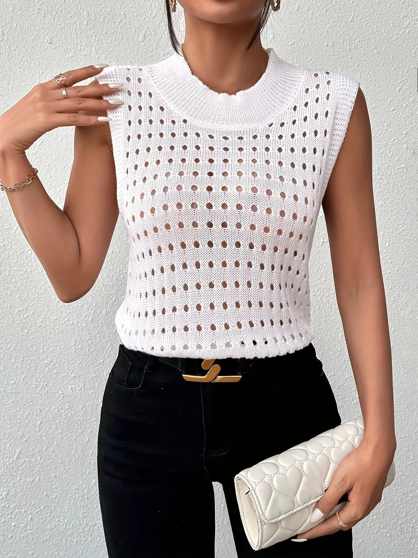 Hollow Out Round Neck Knit Tank 