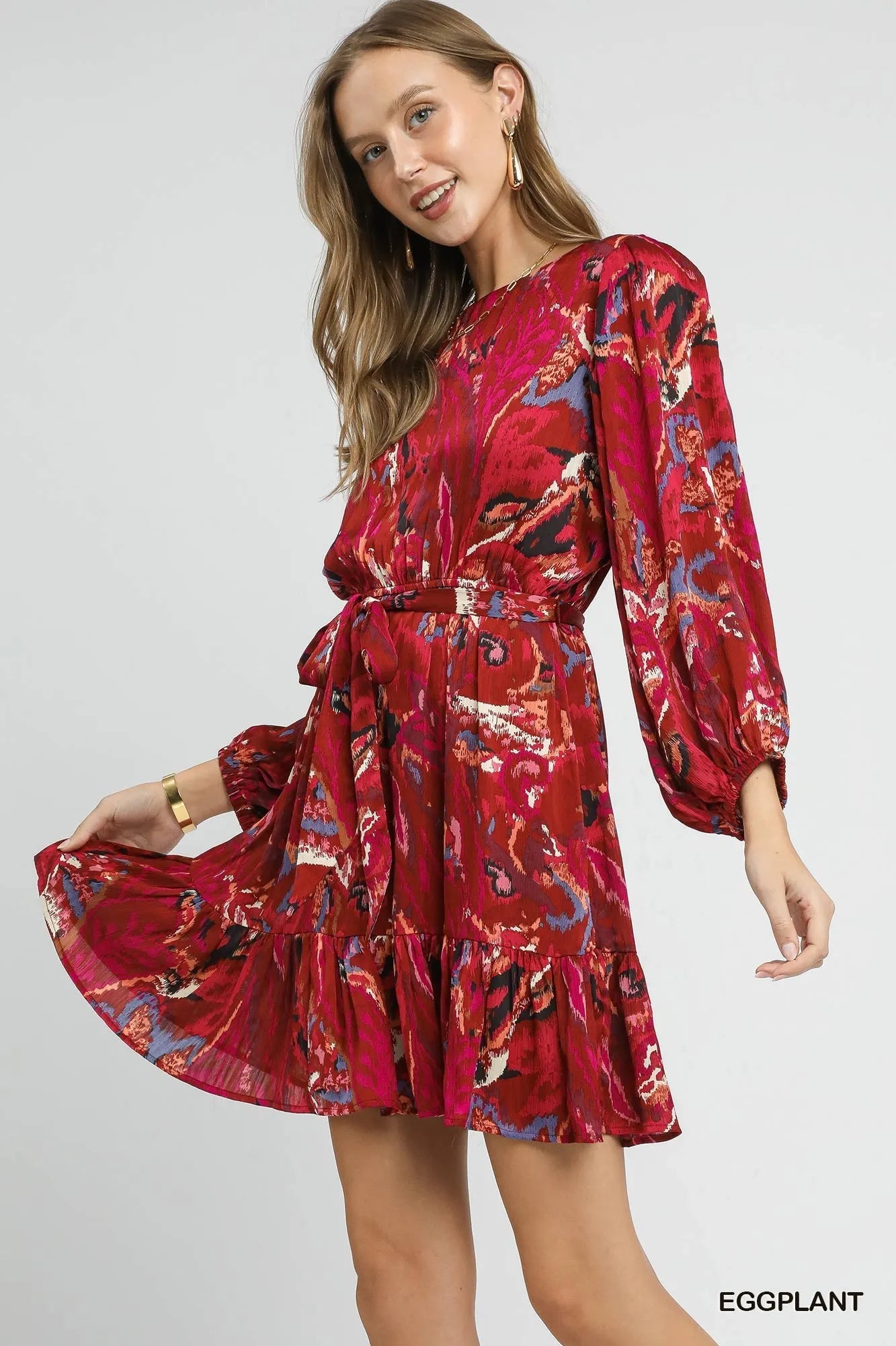 Umgee Ruffled Hem Printed Balloon Sleeve Dress 