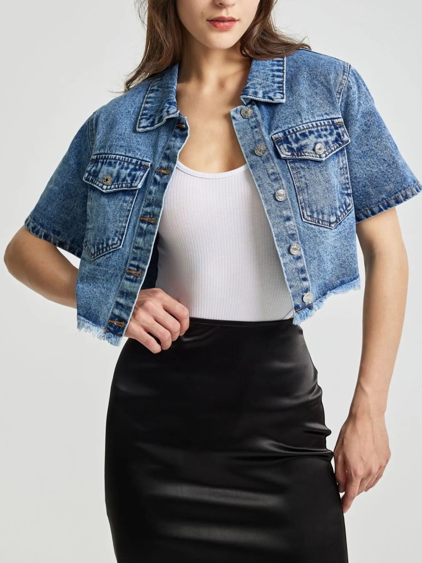 Cropped Short Sleeve Denim Jacket with Frayed Hem 