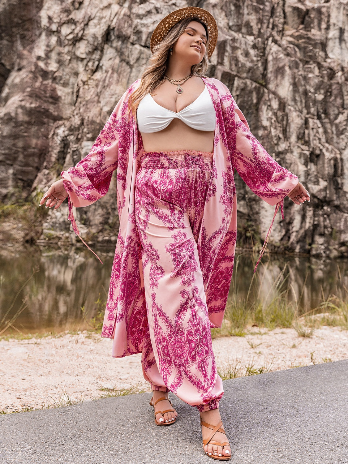 Plus Size Open Front Cardigan and Pants Set 
