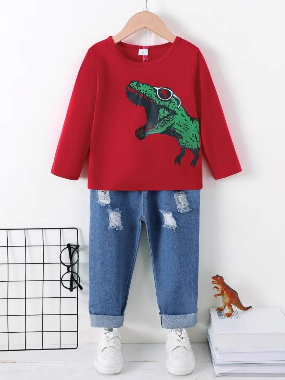 Dinosaur Round Neck Long Sleeve Top and Distressed Pants Set 