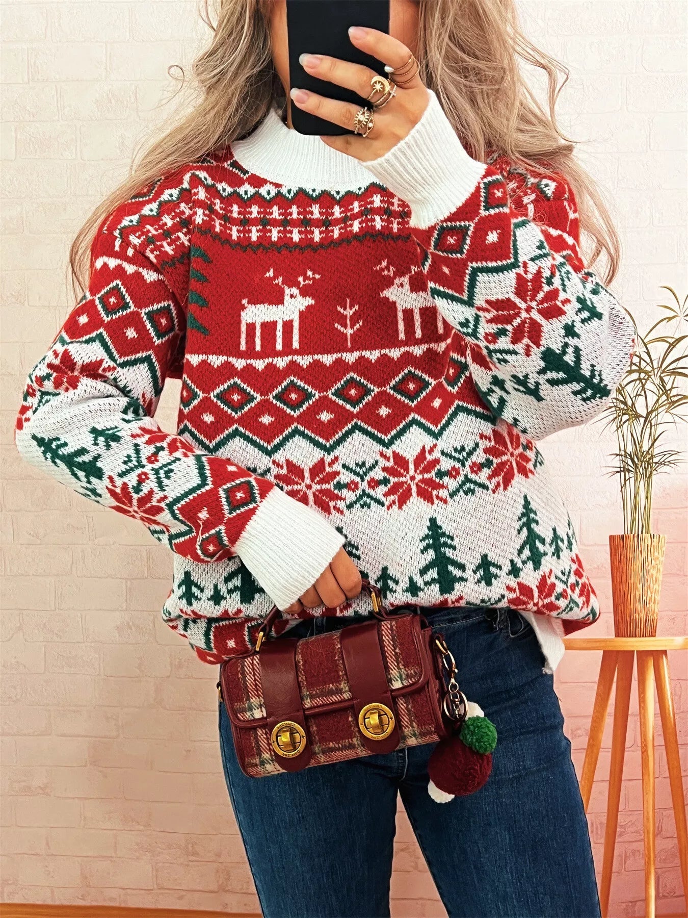 Christmas Reindeer Pattern Round Neck Sweater 