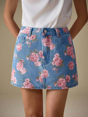 Floral Print Denim Skirt 