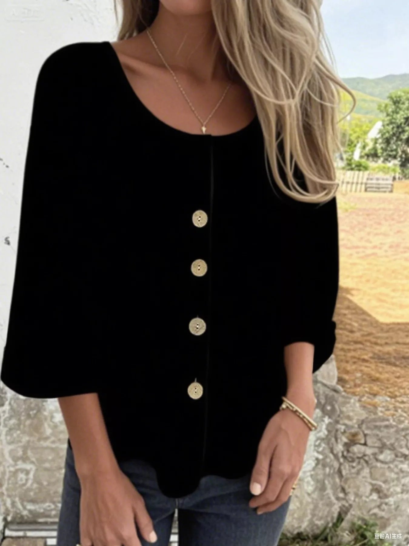 Full Size Button-Front 3/4 Sleeve Casual Blouse Plus Size 