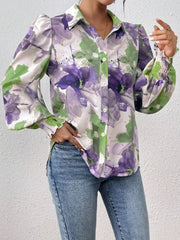 Printed Button Up Lantern Sleeve Shirt 