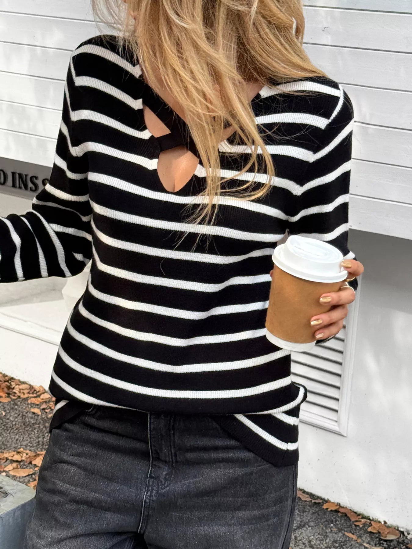 Striped Cross Front Long Sleeve Knit Top 