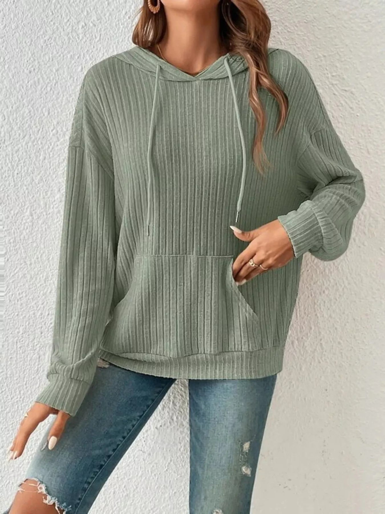 Casual Ribbed Knit Drawstring Hoodie 