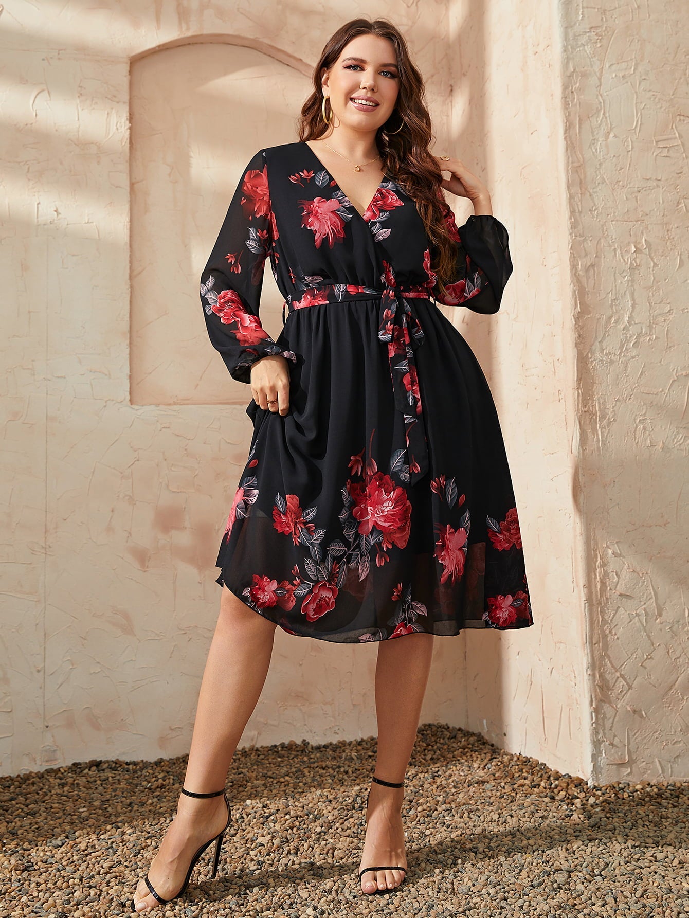 Honey Plus Size Floral Surplice Neck Tie Waist Dress 