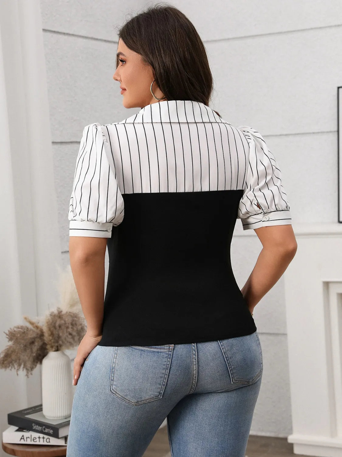 Plus Size Striped Johnny Collar Short Sleeve Blouse 
