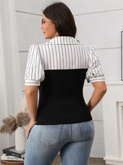 Plus Size Striped Johnny Collar Short Sleeve Blouse 