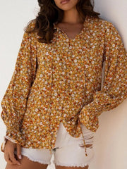 Floral Ruffled Bubble Sleeve Tie Neck Blouse 