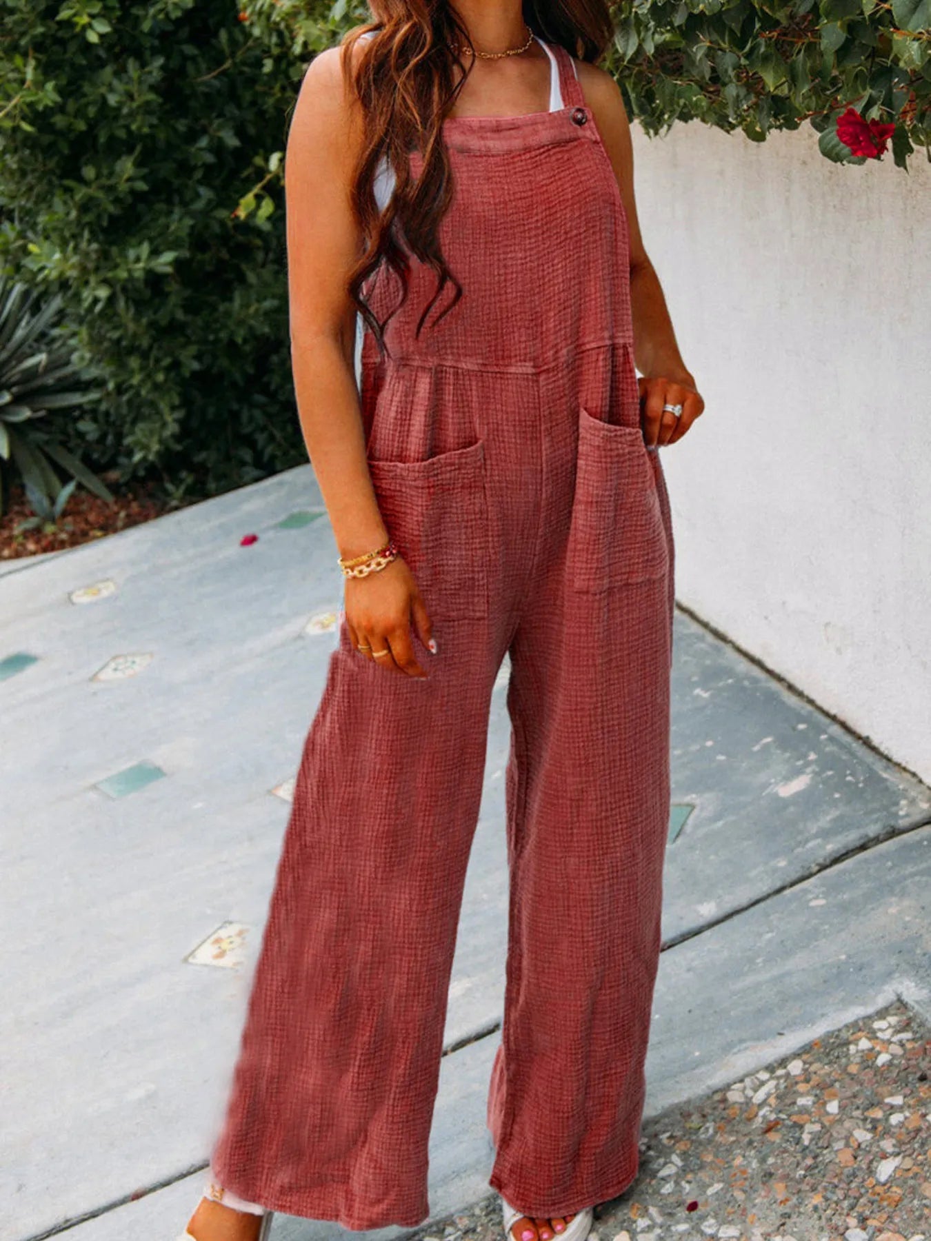 Full Size Casual Wide Leg Textured Overalls Plus Size 
