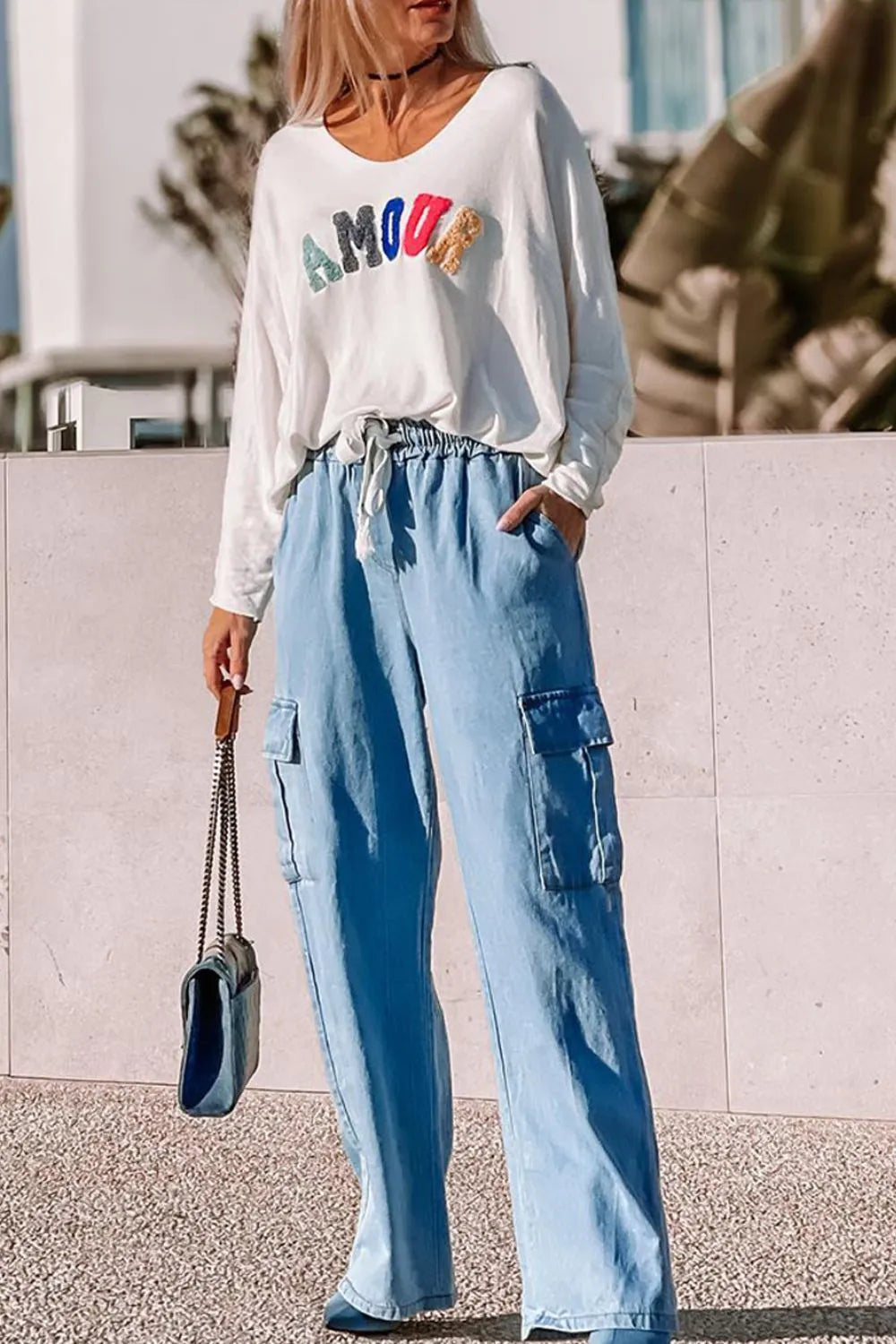 Drawstring Cargo Pocket Wide Leg Jeans 
