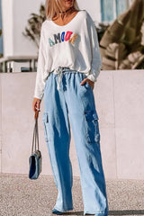 Drawstring Cargo Pocket Wide Leg Jeans 