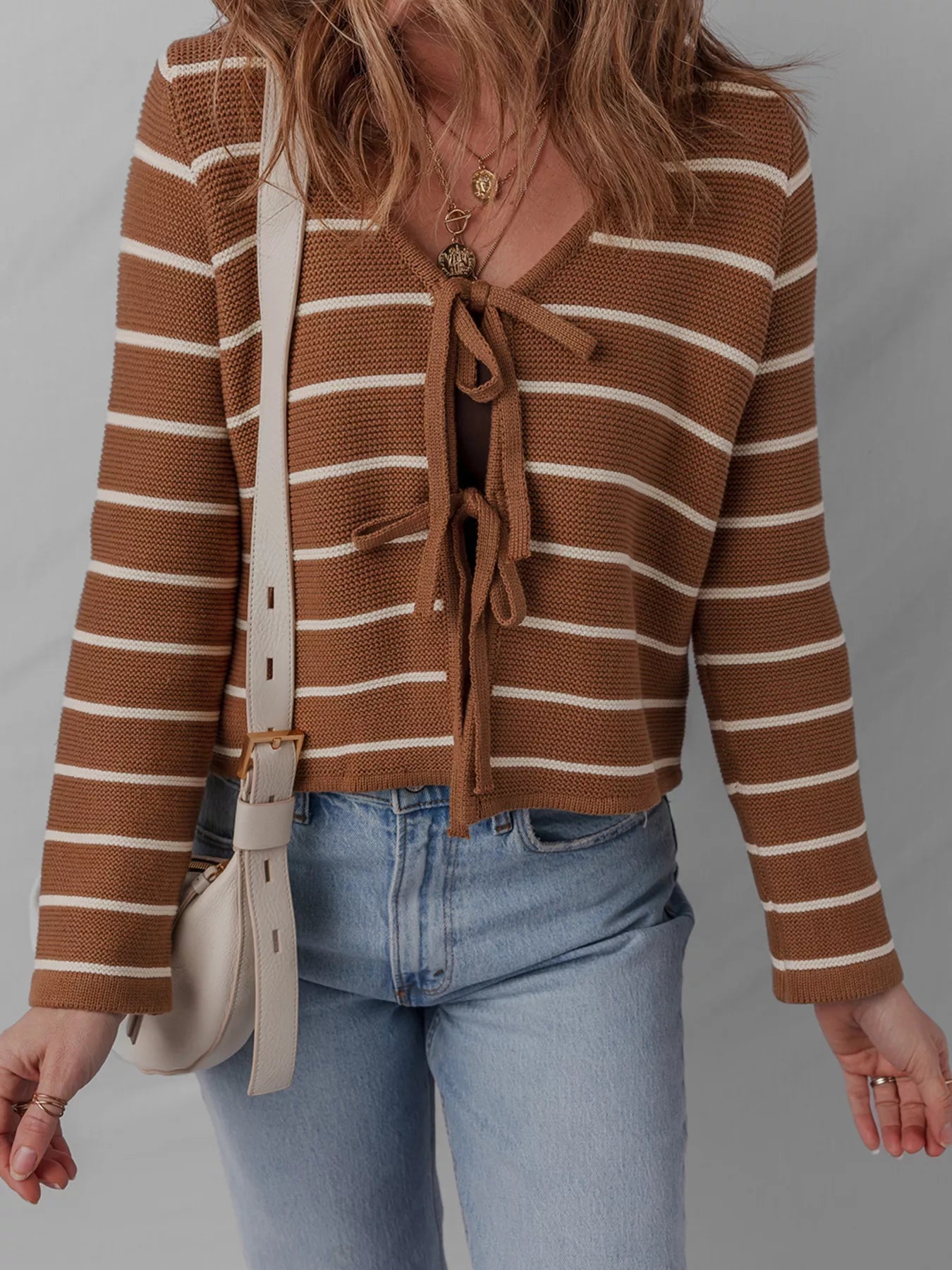 Tie Front Striped Knit V Neck Cardigan 