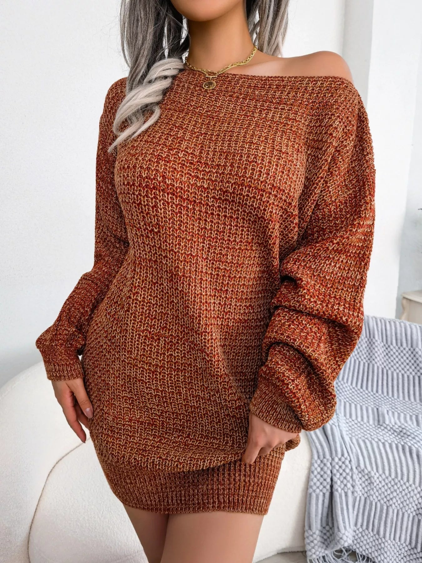 Multi-Color One-Shoulder Sweater Dress 