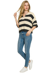 Zenana Split Neck Stripe Sweater 