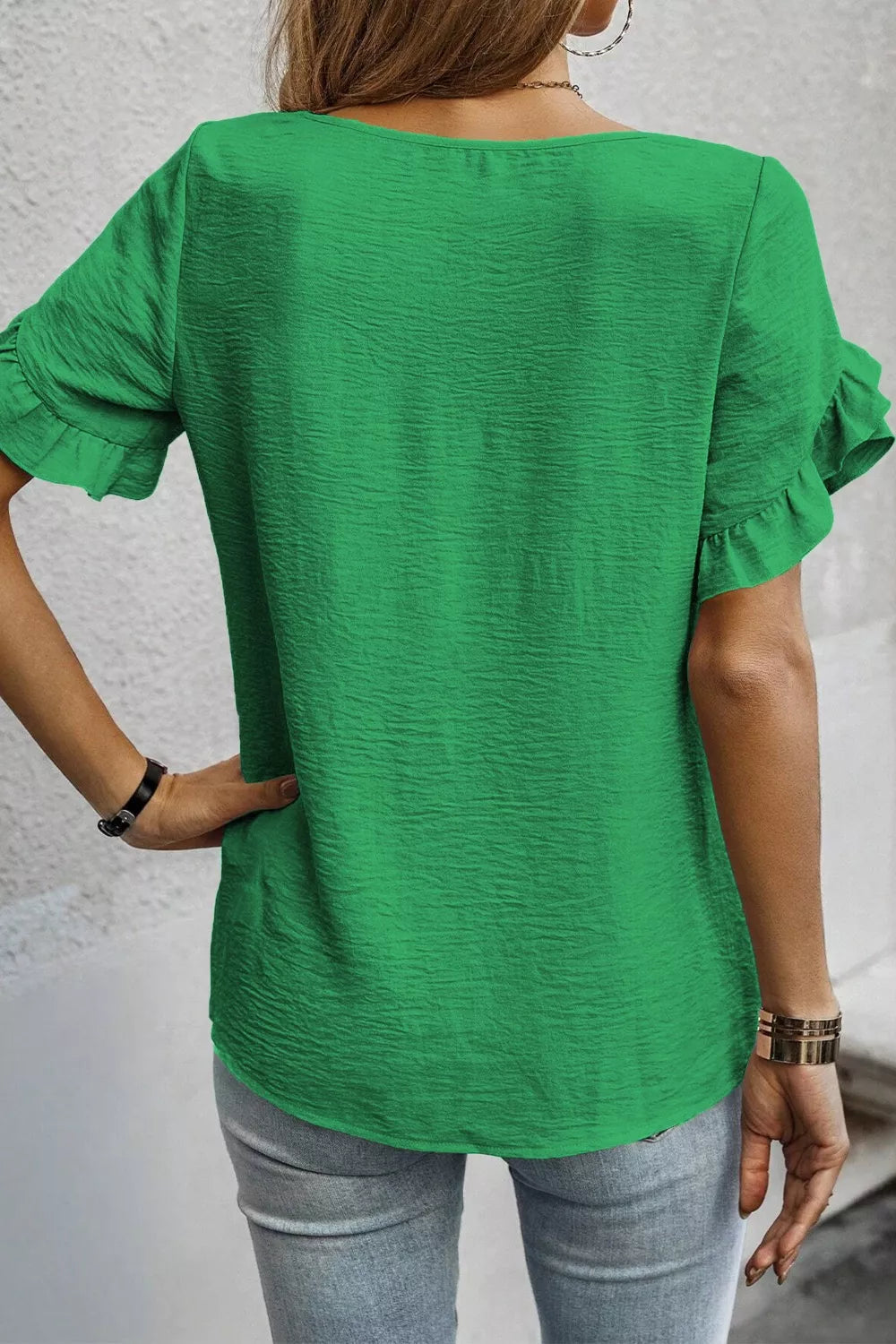 Solid Color Ruffle Trim Short Sleeve Blouse 