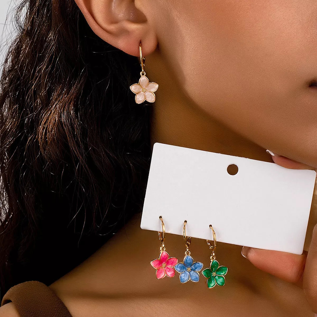 4 Piece Colorful Flower Drop Earrings 