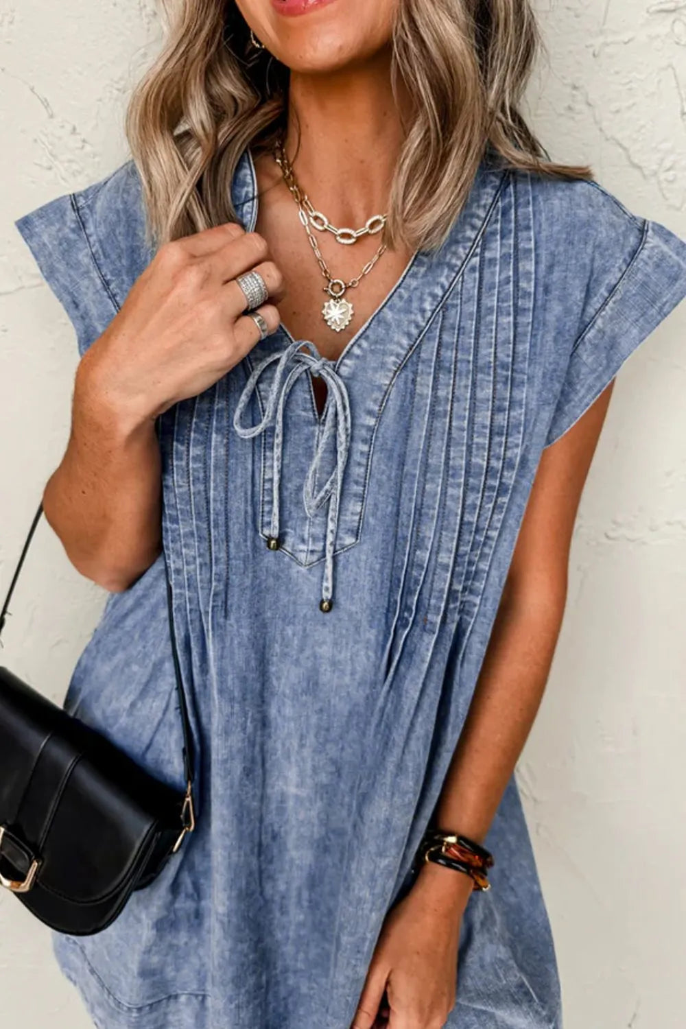 Tie V Neck Tucking Detail Short Sleeve Denim Dress 