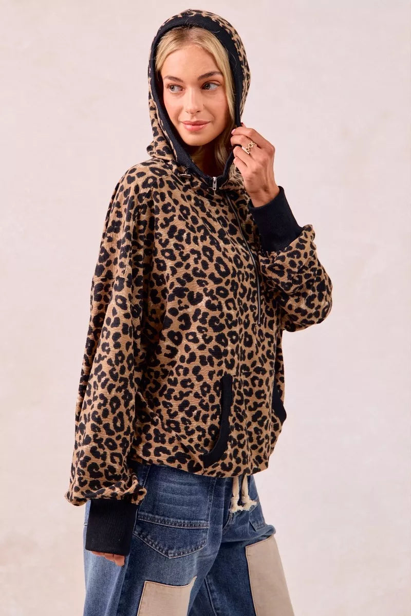 BiBi Leopard Print Waffle Half Zip Up Hoodie W Pocket 