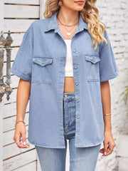 Collared Neck Short Sleeve Denim Jacket 