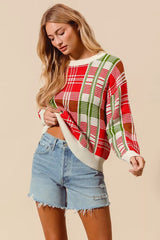 SO ME Christmas Color Checkered Plaid Crew Neck Sweater 