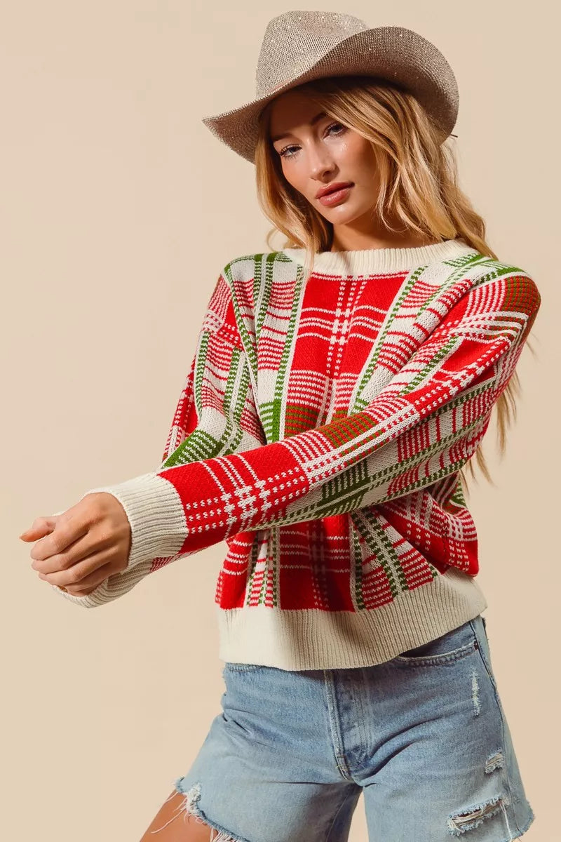 SO ME Christmas Color Checkered Plaid Crew Neck Sweater 