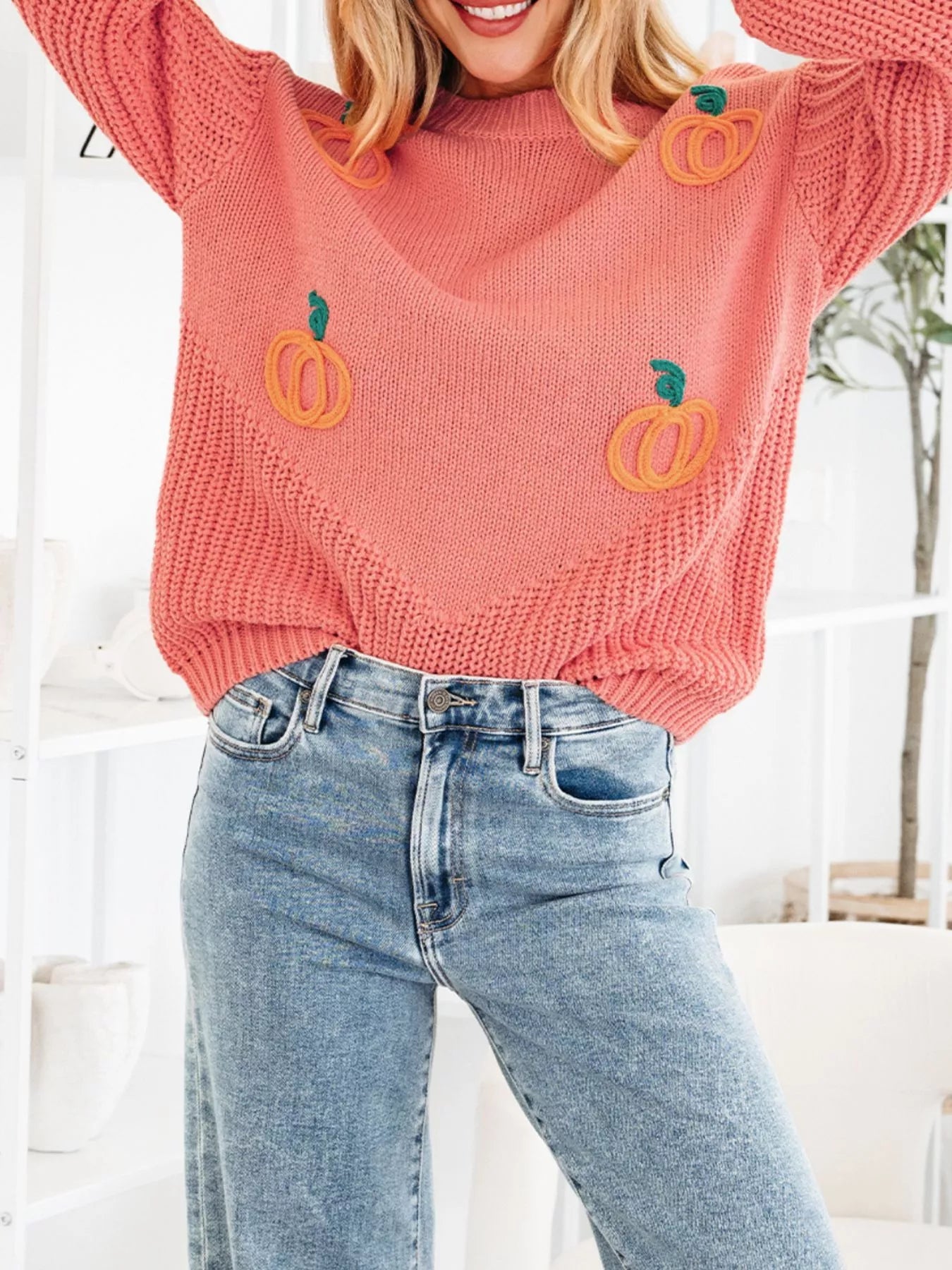 Pumpkin Embroidered Thanksgiving Holiday Sweater 