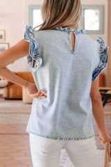 Ruffle Pleated Detail Vintage Washed Denim Top 