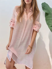 Full Size Side Slit Roll-Tab Sleeve Mini Shirt Dress Plus Size 