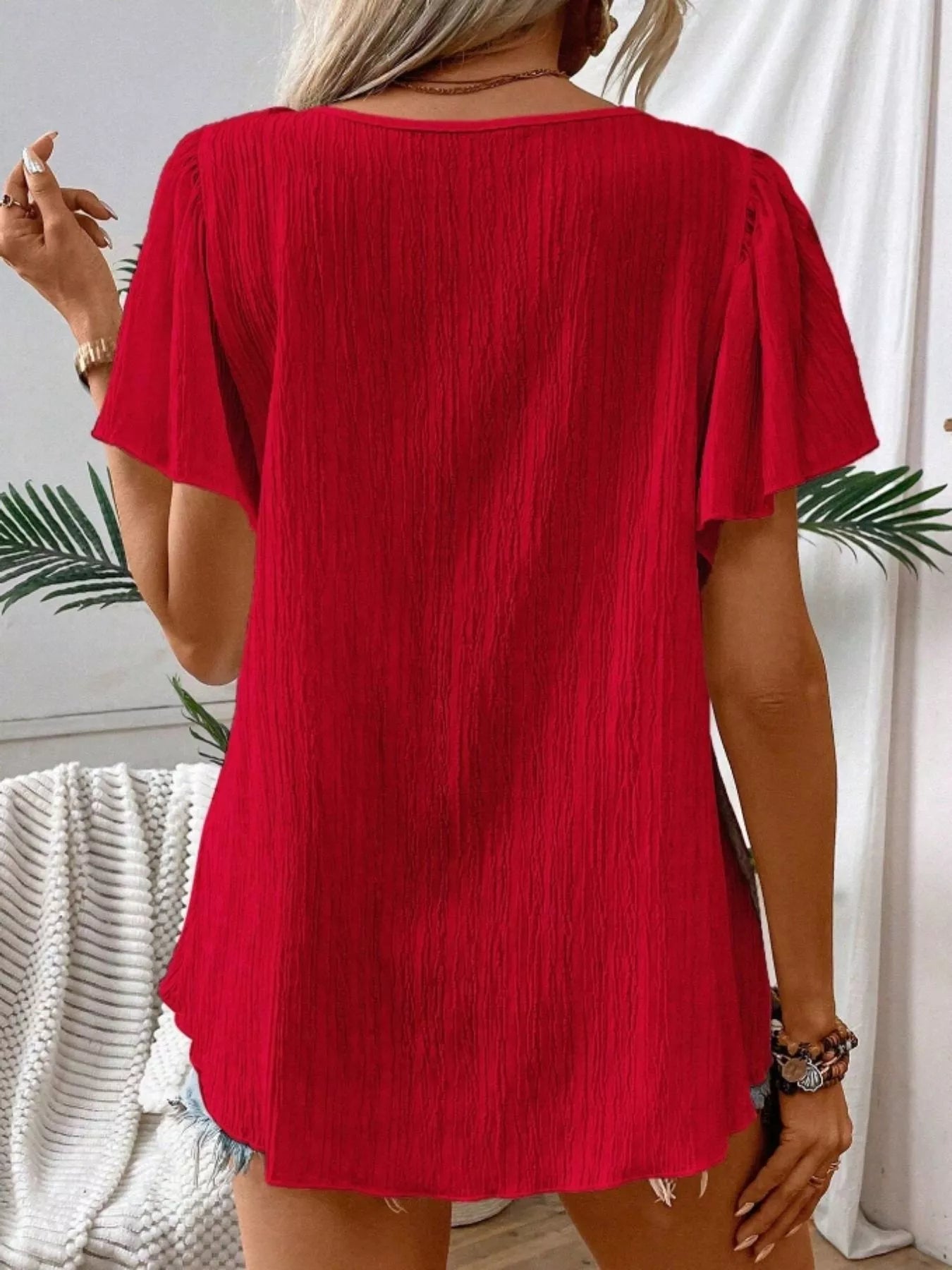 Embroidered Square Neck Flutter Sleeve Blouse 