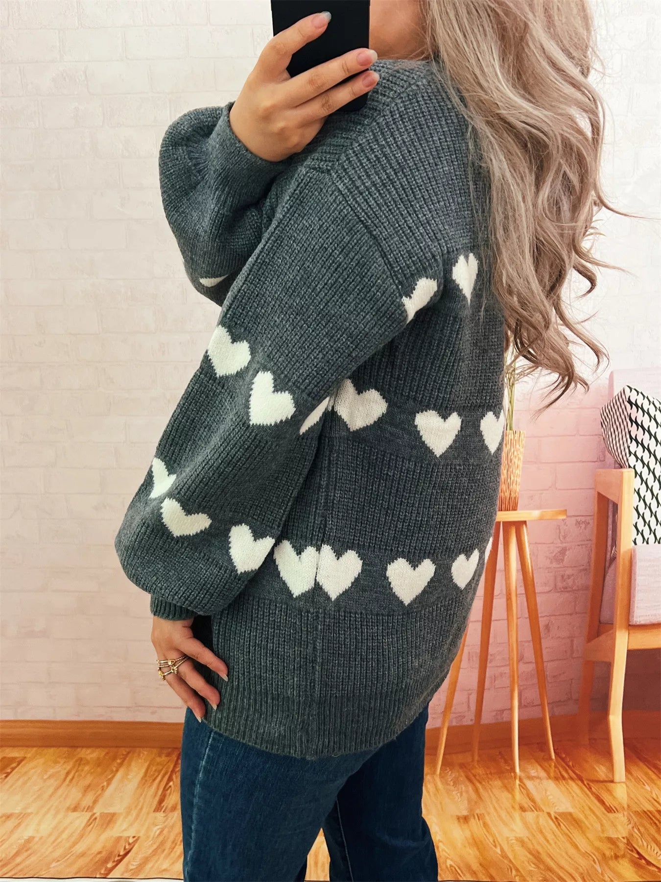 Heart Pattern Dropped Shoulder Sweater 