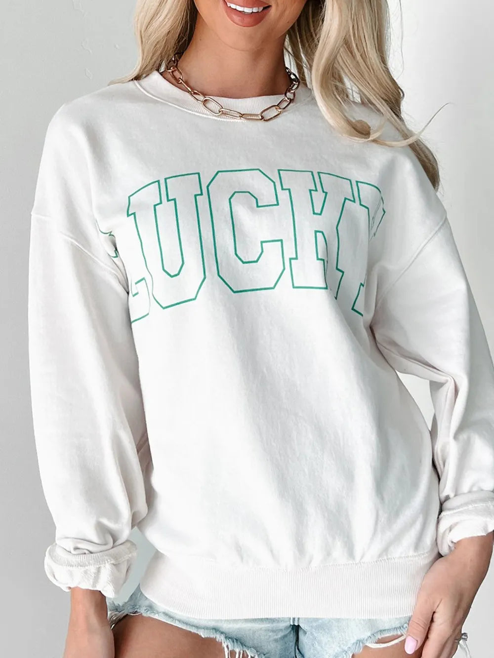 LUCKY Graphic Round Neck Long Sleeve Sweatshirt 