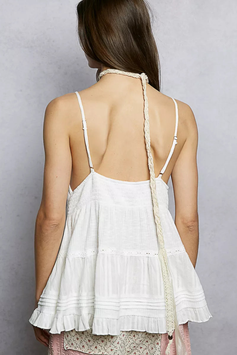 POL Button Front V-Neck Ruffled Cami with Pintuck Accents 