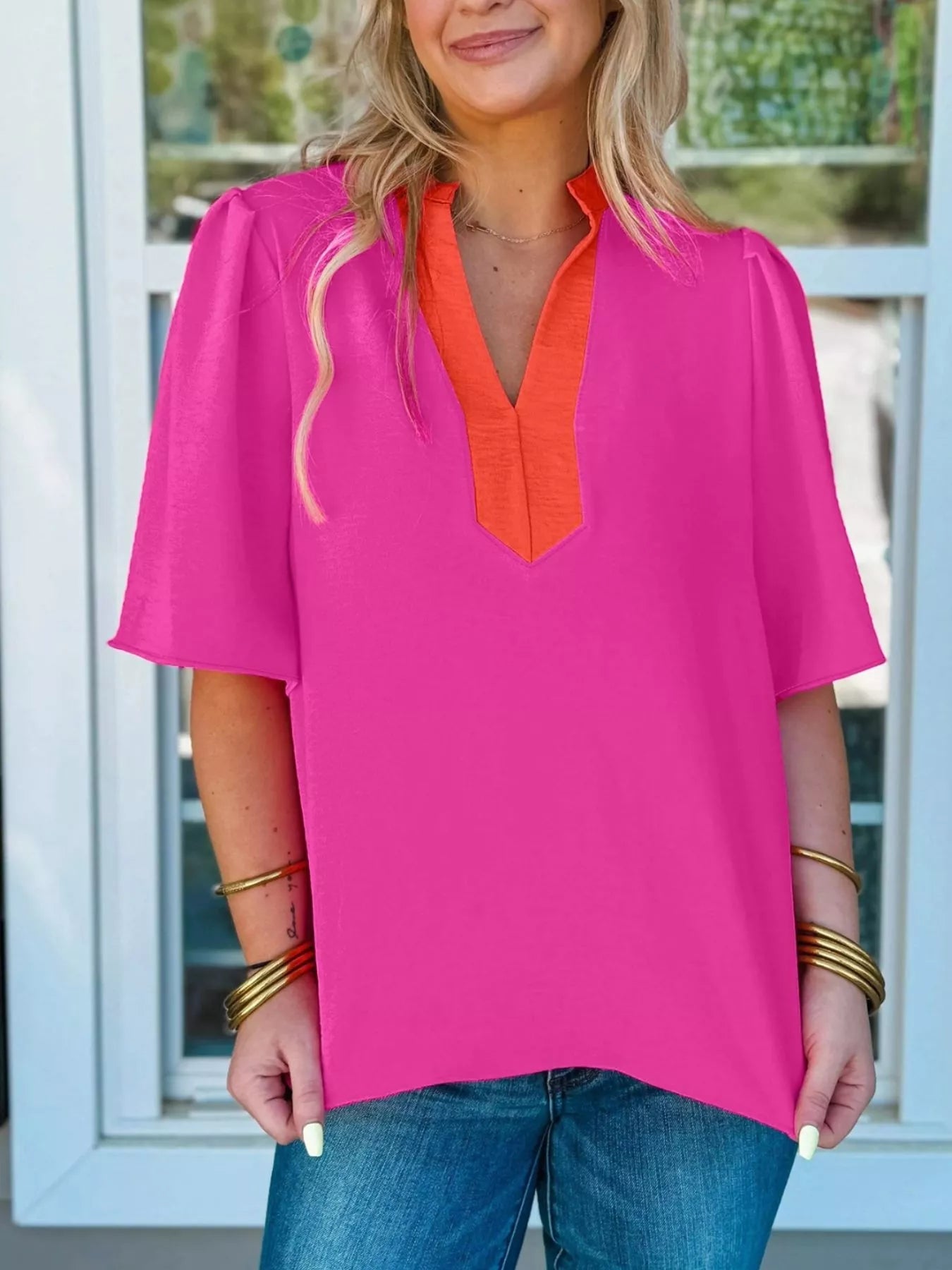 Notched Half Sleeve Blouse 
