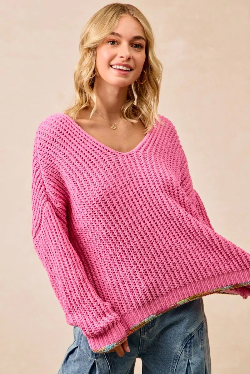 BiBi V-Neck Sweater with Colorful Trim 