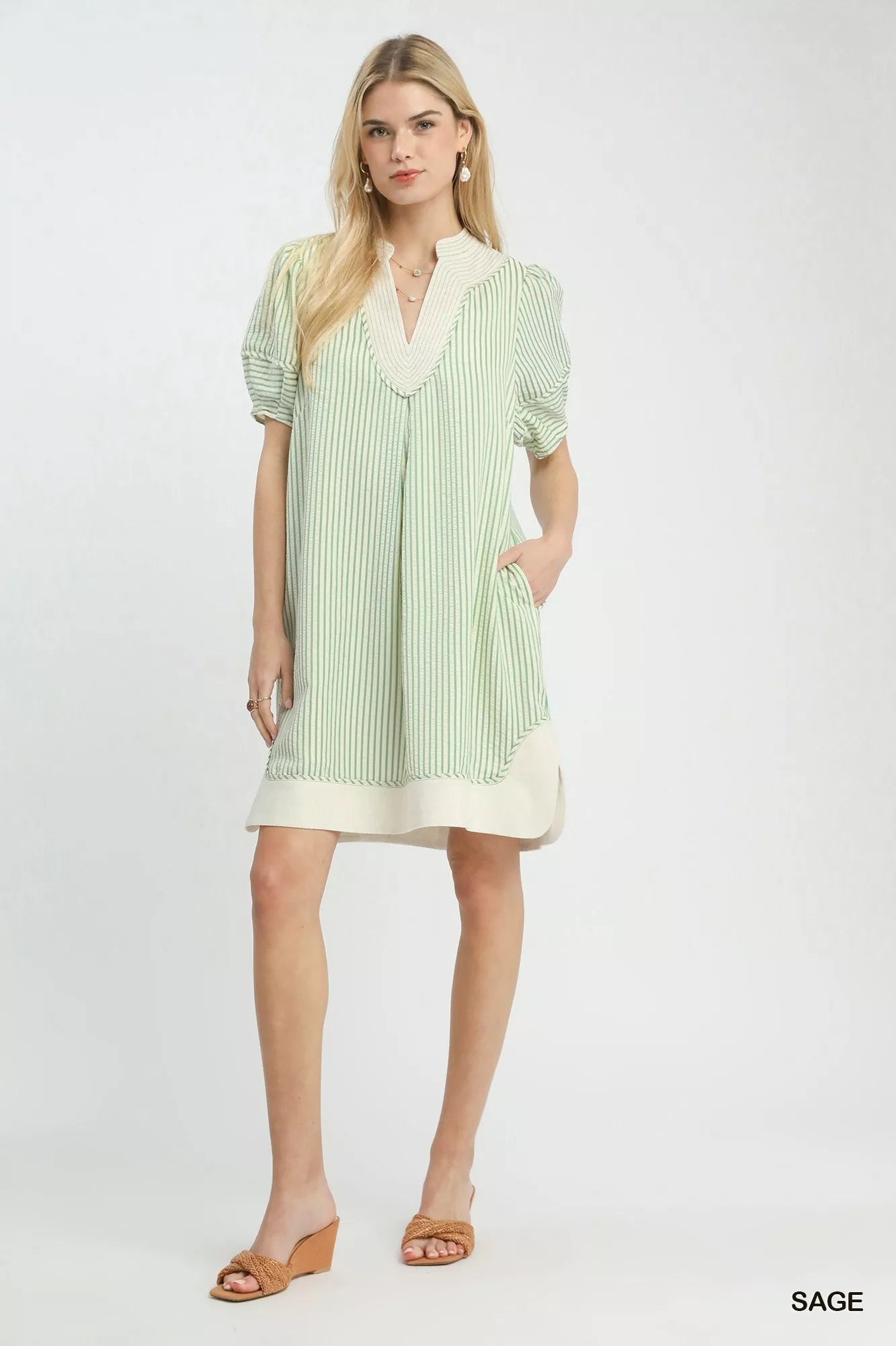 Umgee Pinstripe Shift Dress with Contrast Trim 