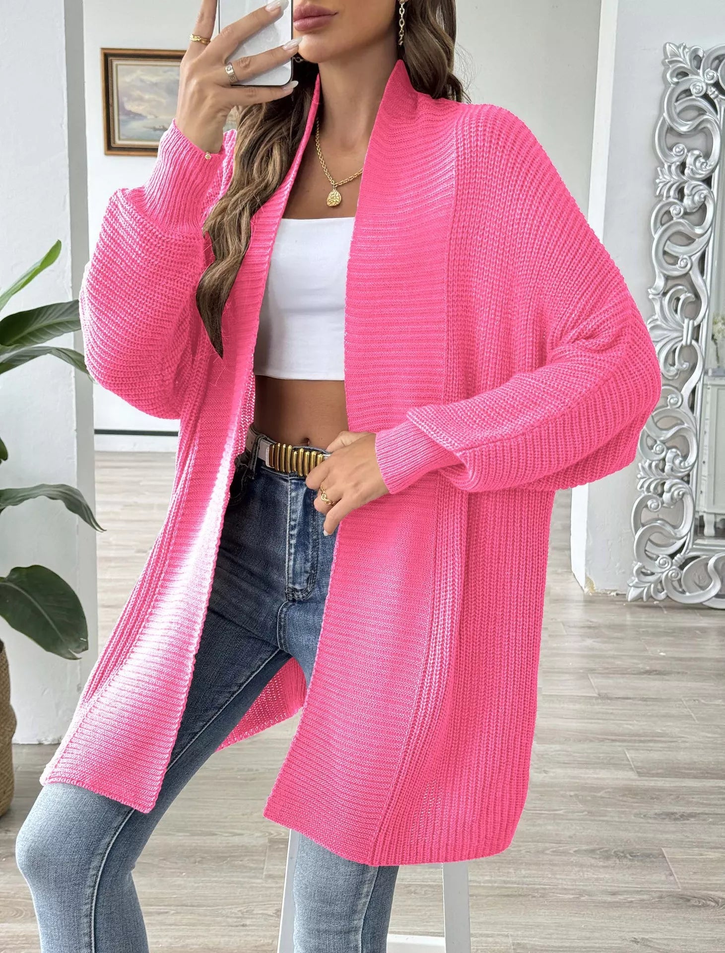 Open Front Ribbed Knit Cardigan 