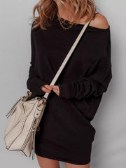 Asymmetric Neck Batwing Sleeve Shift Mini Sweater Dress 